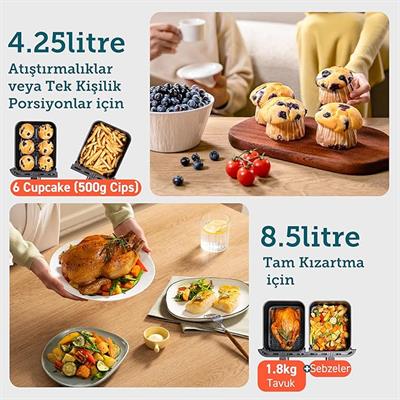 COSORI Airfryer 8-in-1 Çift Bölgeli Hava Fritözü XXL 8.5 L, Görünür Pencereye Sahip İki Yapışmaz Çekmece, Enerji Tasarrufu, 35℃ - 230℃