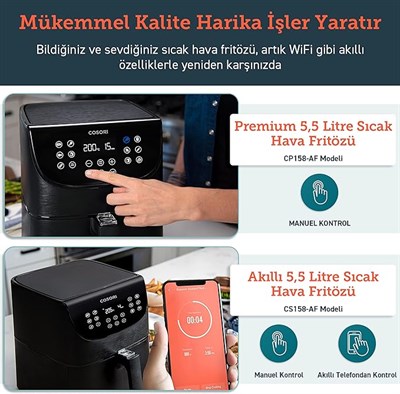 COSORI Akıllı WiFi Sıcak Hava Fritözü 5.5 Litre Air Fryer XXL, Kare ve Çıkarılabilir Basket, 13 Fonksiyon, 100den Fazla Tarif ve 11 n Ayar, Bulaşık Makinesinde Yıkanabilir, Siyah