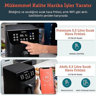 COSORI Akıllı WiFi Sıcak Hava Fritözü 5.5 Litre Air Fryer XXL, Kare ve Çıkarılabilir Basket, 13 Fonksiyon, 100den Fazla Tarif ve 11 n Ayar, Bulaşık Makinesinde Yıkanabilir, Siyah