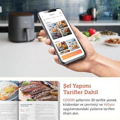 COSORI Sıcak Hava Fritözü, 4.7 Litre Air Fryer XXL, 1500 W, Dijital Temperd Glass Gösterisi, Bulaşık Makinesinde Yıkanabilir, Hava Üfleme Teknolojisi, Max 230°C Ayarlama, 9 Fonksiyon, Gri