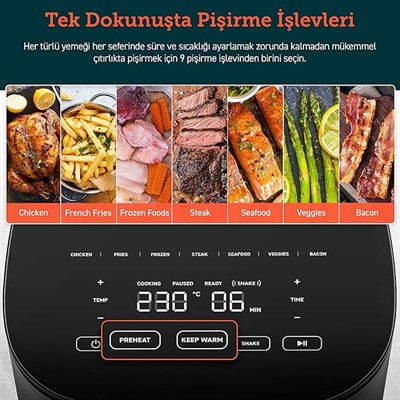 COSORI Sıcak Hava Fritözü, 4.7 Litre Air Fryer XXL, 1500 W, Dijital Temperd Glass Gösterisi, Bulaşık Makinesinde Yıkanabilir, Hava Üfleme Teknolojisi, Max 230°C Ayarlama, 9 Fonksiyon, Gri