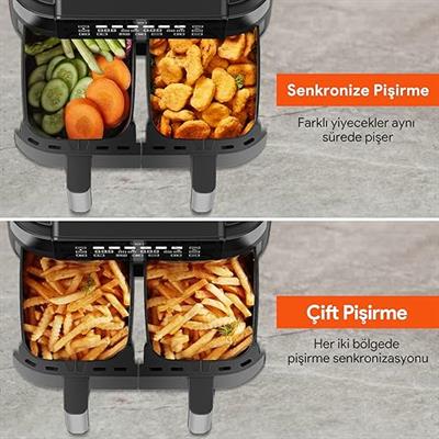 Ultenic K20 Airfryer, Çift Bölmeli Fritöz, 8 Litre XXL, 2850 W, Siyah