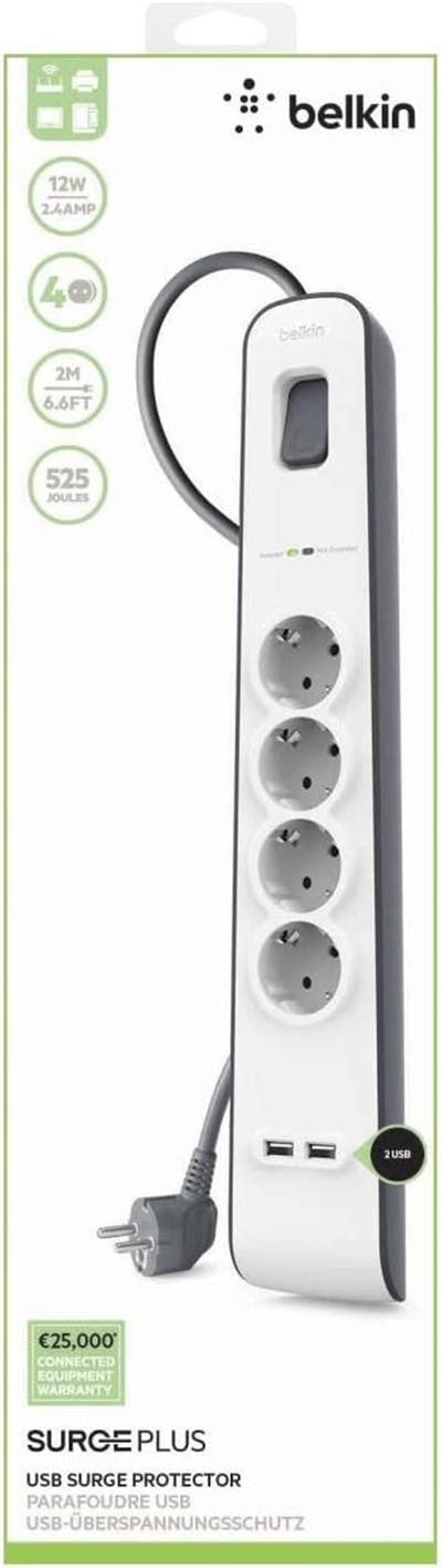 Belkin Surge Plus 4lü priz, yüksek gerilim korumalı (2,4 A, 2 m kablolu 2 USB bağlantısı dahil) beyaz/gri BSV401VF2M