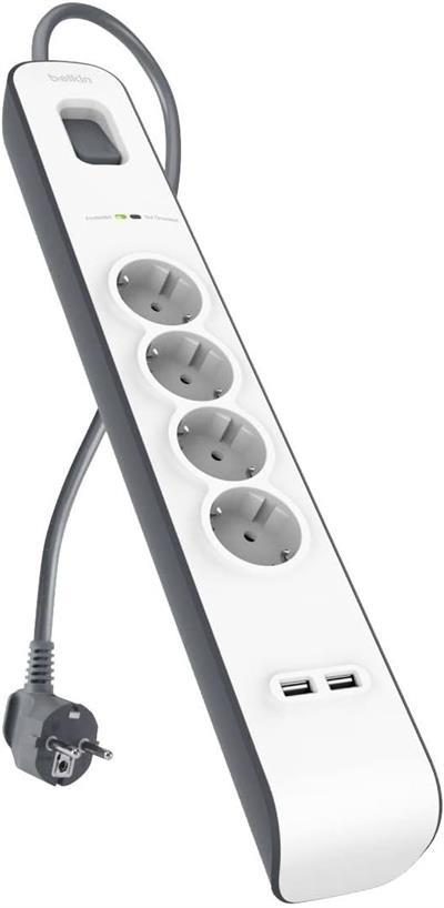 Belkin Surge Plus 4lü priz, yüksek gerilim korumalı (2,4 A, 2 m kablolu 2 USB bağlantısı dahil) beyaz/gri BSV401VF2M
