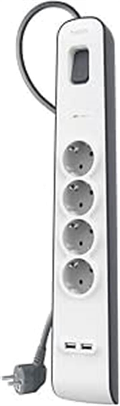 Belkin Surge Plus 4lü priz, yüksek gerilim korumalı (2,4 A, 2 m kablolu 2 USB bağlantısı dahil) beyaz/gri BSV401VF2M