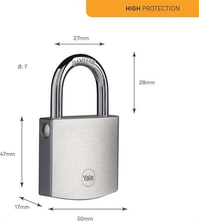 OUTLET Yale Y120B/50/127/1 - 50mm DMU Krom Kaplamalı Asma Kilit - Yüksek Koruma - Boron Halka - 3 Anahtar