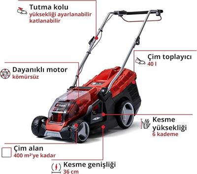 Einhell Akülü Çim Biçme Makinesi GE-CM 36/36 Li Kit Power X-Change (36 V, 36 cm kesme genişliği, kömürsüz, 40L hazne, 25-75 mm kesme yüksekliği, 2x 4,0 Ah akü + 2x şarj cihazı dahildir) - 3413230