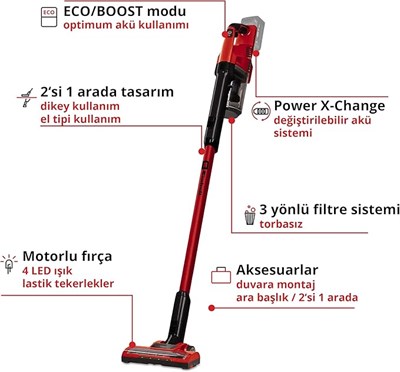 Einhell Akülü Dikey Süpürge TE-SV 18 Li-Solo Power X-Change (Li-Ion, 18V, torbasız, siklon teknolojisi, BOOST modu, 3’lü filtre sistemi) - 2347180