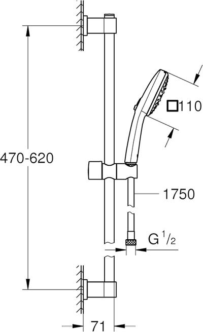 GROHE Vitalio Comfort 110 Sürgülü Duş Seti, 110mm Kare 3 Akışlı (Masaj, Yağmur & Jet) El Duşu, 600mm Sürgülü Ray, 1750mm Duş Hortumu, Krom, 26096001