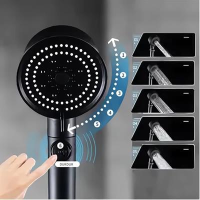 ZEMUS 5 Fonksiyonlu Duş Başlığı - Turbo Fan Duş Başlığı - Siyah