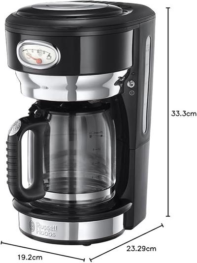 OUTLET Russell Hobbs 21701-56 Kahve Makinesi, 10 Fincana Kadar, 1.25 L Cam Sürahi, Retro Tasarım, Demleme ve Isıtma Ekranı, Otomatik Kapanma, Isıtma Plakası, 1000W, Siyah