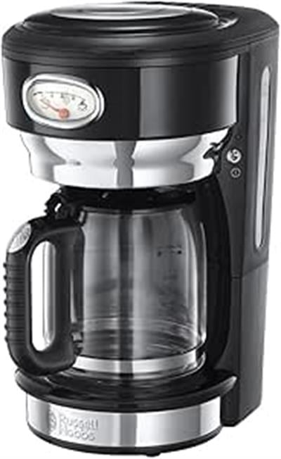 OUTLET Russell Hobbs 21701-56 Kahve Makinesi, 10 Fincana Kadar, 1.25 L Cam Sürahi, Retro Tasarım, Demleme ve Isıtma Ekranı, Otomatik Kapanma, Isıtma Plakası, 1000W, Siyah