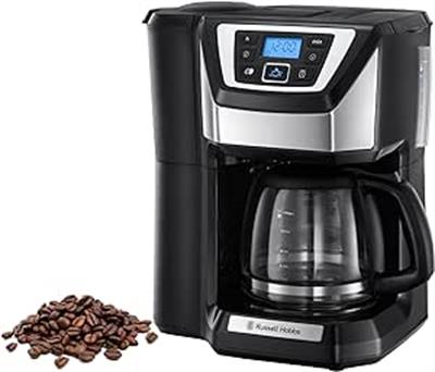 OUTLET Russell Hobbs Öğütücülü kahve makinesi [dijital zamanlayıcı, optimum ekstraksiyon ve aroma için duş başlığı] Zafer (maksimum 12 bardak, 1.5l cam sürahi, öğütme ayarı) filtre kahve makinesi siya