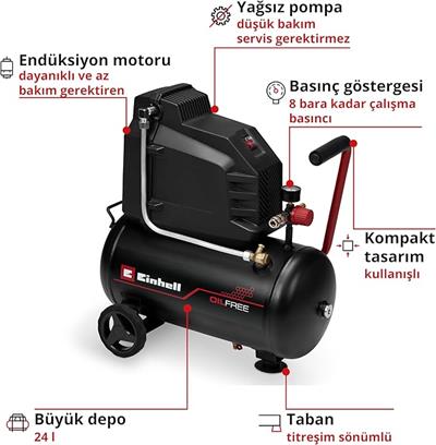 Einhell Yağsız kompresör TC-AC 190/24/8 I OF (1.100 W, maks. 8 bar, 24 l tank, 190 l/m emiş kapasitesi, yağsız, az bakım gerektiren, basınç göstergesi, basınç regülatörü)