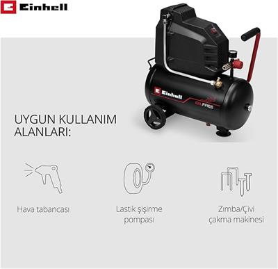 Einhell Yağsız kompresör TC-AC 190/24/8 I OF (1.100 W, maks. 8 bar, 24 l tank, 190 l/m emiş kapasitesi, yağsız, az bakım gerektiren, basınç göstergesi, basınç regülatörü)