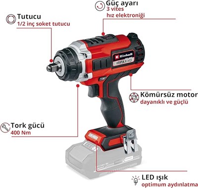 Einhell IMPAXXO 18/400, Akülü Darbeli Somun Sıkma Kömürsüz 4510070 (SOLO,Akü ve Şarj İçermez)