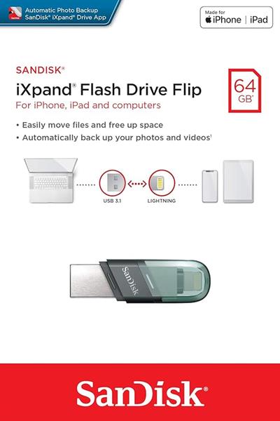 SanDisk iXpand Flash Drive 64GB Type A + Lightning, Flash Sürücü, macOS ve PC için