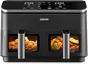 AirfryerCOSORI Airfryer 8-in-1 Çift Bölgeli Hava Fritözü XXL 8.5 L, Görünür Pencereye Sahip İki Yapışmaz Çekmece, Enerji Tasarrufu, 35℃ - 230℃