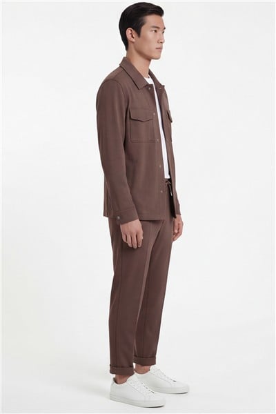 Giotelli Erkek Acı Kahve Dar Kesim Slim Fit Viskon Dokuma Bomber Ceketli Takım