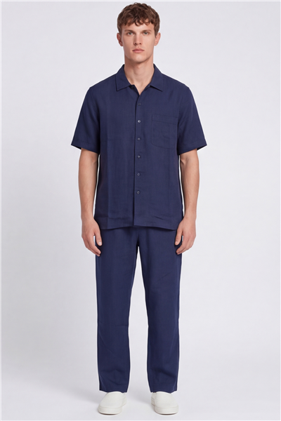 Giotelli Erkek Açık Lacivert Normal Kesim Regular Fit Pamuklu Dokuma Lastikli Bel Kamp Yaka Takım Elbise