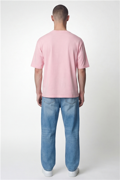 Giotelli Erkek Açık Pembe Geniş Kesim Oversize Fit %100 Pamuk Baskılı Bisiklet Yaka Tişört