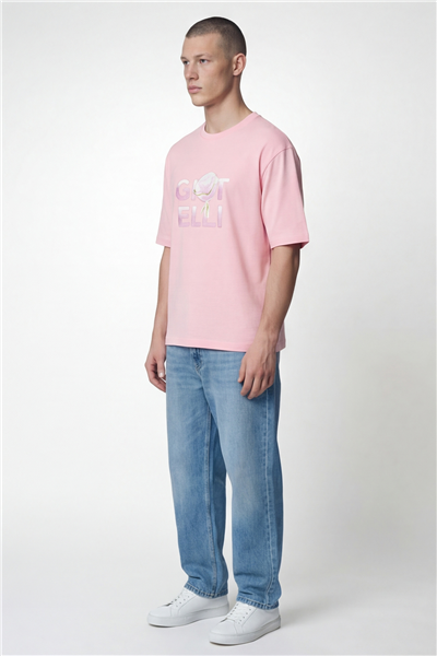 Giotelli Erkek Açık Pembe Geniş Kesim Oversize Fit %100 Pamuk Baskılı Bisiklet Yaka Tişört