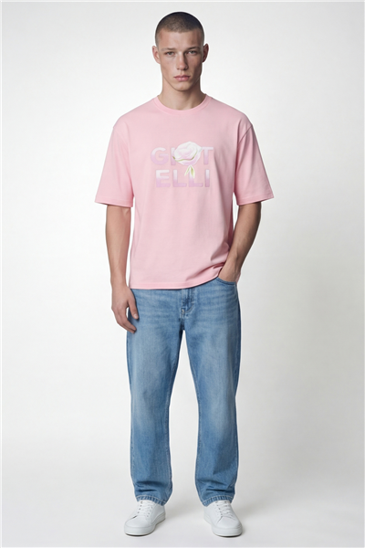 Giotelli Erkek Açık Pembe Geniş Kesim Oversize Fit %100 Pamuk Baskılı Bisiklet Yaka Tişört