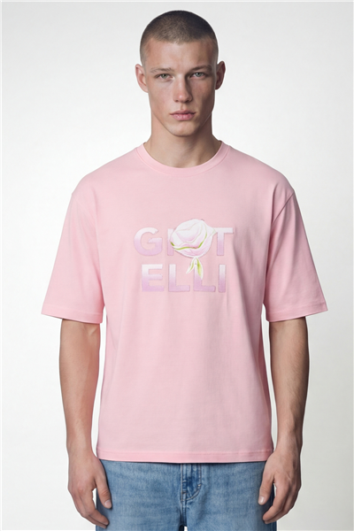 Giotelli Erkek Açık Pembe Geniş Kesim Oversize Fit %100 Pamuk Baskılı Bisiklet Yaka Tişört