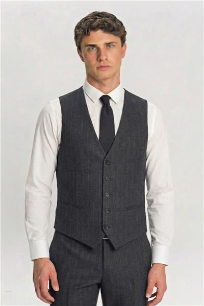 Giotelli Antrasit Yelekli Çizgili Sivri Yaka Roma Kalıp 6 Drop Tam Astarlı Erkek Takım Elbise