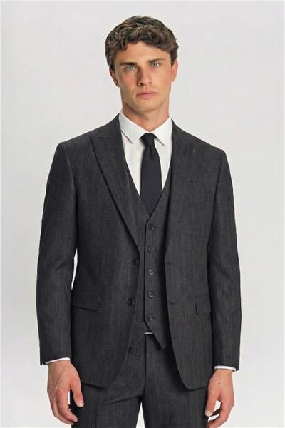 Giotelli Antrasit Yelekli Çizgili Sivri Yaka Roma Kalıp 6 Drop Tam Astarlı Erkek Takım Elbise