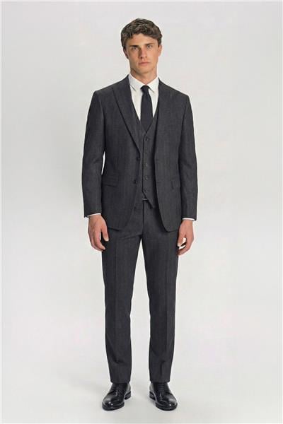 Giotelli Antrasit Yelekli Çizgili Sivri Yaka Roma Kalıp 6 Drop Tam Astarlı Erkek Takım Elbise