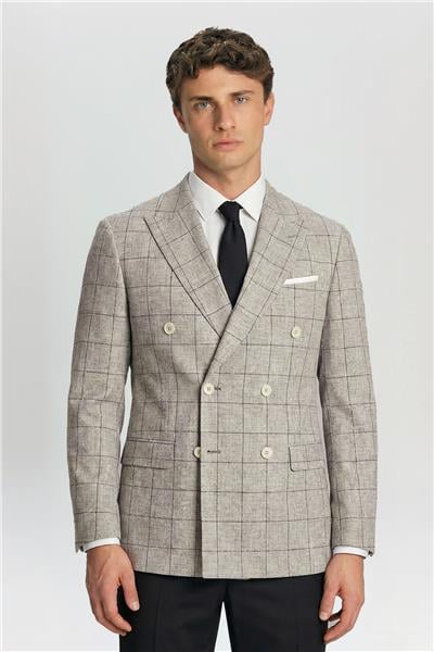 Giotelli Bej Ekose Sivri Yaka Roma Kalıp 6 Drop Astarsız Erkek Ceket