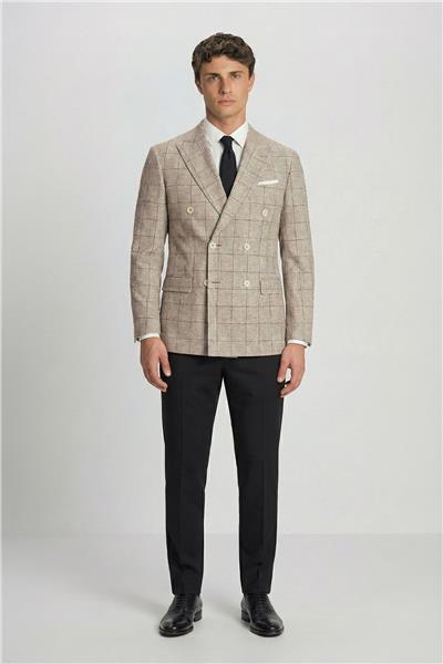 Giotelli Bej Ekose Sivri Yaka Roma Kalıp 6 Drop Astarsız Erkek Ceket