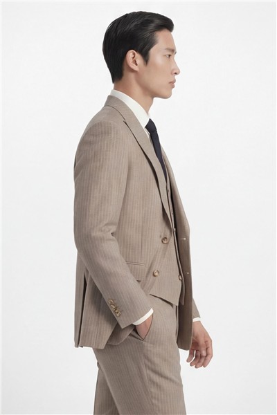 Giotelli Erkek Bej Normal Kesim Regular Fit Dokuma Çizgili Takım Elbise