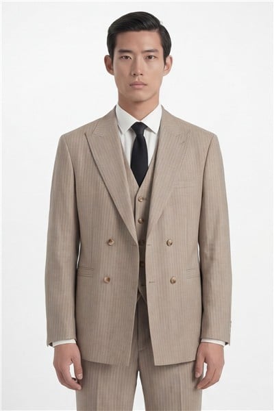 Giotelli Erkek Bej Normal Kesim Regular Fit Dokuma Çizgili Takım Elbise