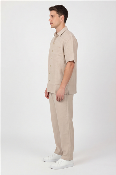 Giotelli Erkek Bej Normal Kesim Regular Fit Pamuklu Dokuma Lastikli Bel Kamp Yaka Takım Elbise
