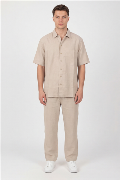 Giotelli Erkek Bej Normal Kesim Regular Fit Pamuklu Dokuma Lastikli Bel Kamp Yaka Takım Elbise