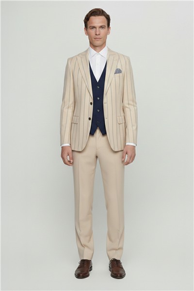 Bej SUIT WITH VEST HAT PRNT