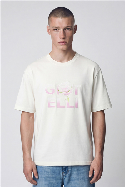 Giotelli Erkek Beyaz Geniş Kesim Oversize Fit %100 Pamuk Baskılı Bisiklet Yaka Tişört