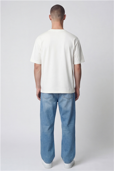 Giotelli Erkek Beyaz Geniş Kesim Oversize Fit %100 Pamuk Baskılı Bisiklet Yaka Tişört