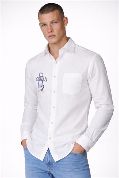 Giotelli Erkek Beyaz Dar Kesim Slim Fit Dokuma Baskılı Klasik Yaka Gömlek