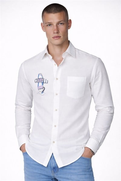 Giotelli Erkek Beyaz Dar Kesim Slim Fit Dokuma Baskılı Klasik Yaka Gömlek