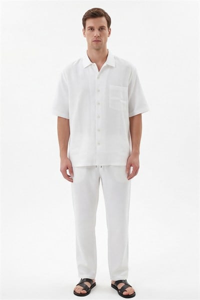 Giotelli Erkek Beyaz Normal Kesim Regular Fit Pamuklu Dokuma Lastikli Bel Kamp Yaka Takım Elbise