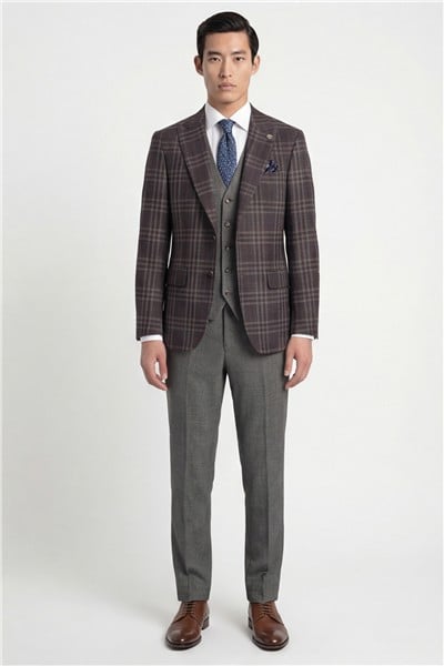 Giotelli Erkek Bordo Dar Kesim Slim Fit Yünlü Dokuma Ekose Normal Bel 6 Drop Yelekli Takım Elbise