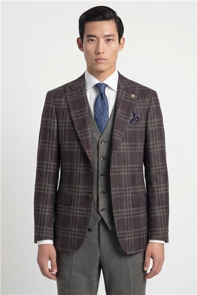 Giotelli Erkek Bordo Dar Kesim Slim Fit Yünlü Dokuma Ekose Normal Bel 6 Drop Yelekli Takım Elbise