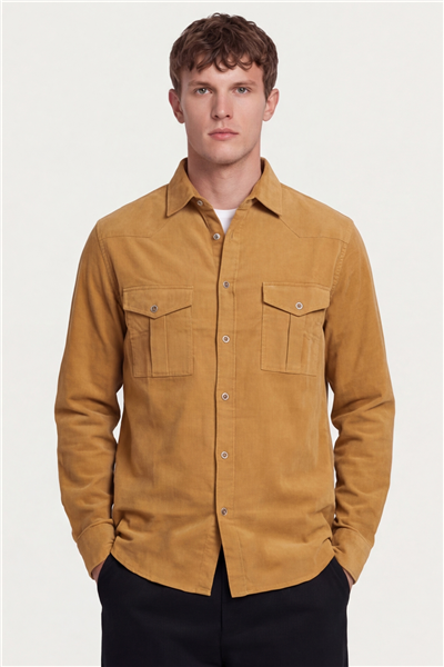 Giotelli Erkek Camel Normal Kesim Regular Fit %100 Pamuk Düğmeli Cep Klasik Yaka Gömlek