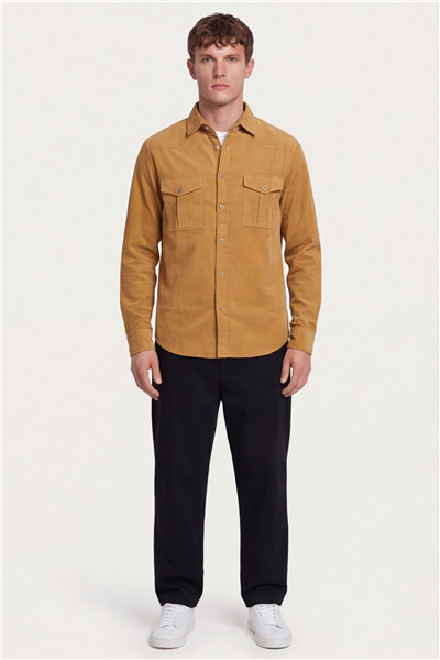 Giotelli Erkek Camel Normal Kesim Regular Fit %100 Pamuk Düğmeli Cep Klasik Yaka Gömlek