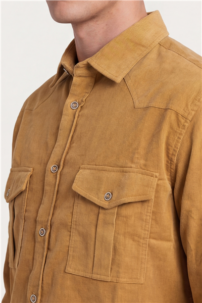 Giotelli Erkek Camel Normal Kesim Regular Fit %100 Pamuk Düğmeli Cep Klasik Yaka Gömlek