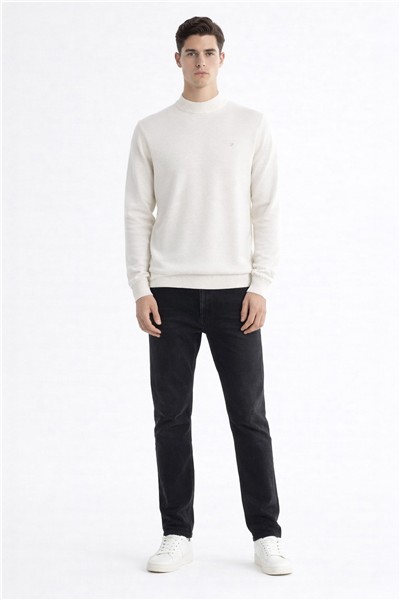 Giotelli Erkek Ekru Normal Kesim Regular Fit Yünlü Yarım Balıkçı Yaka Triko Kazak