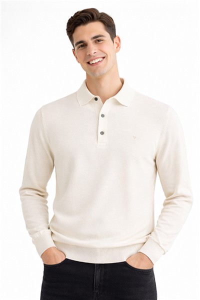 Giotelli Erkek Ekru Dar Kesim Slim Fit Yünlü Patlı Düğmeli Polo Yaka Triko Kazak